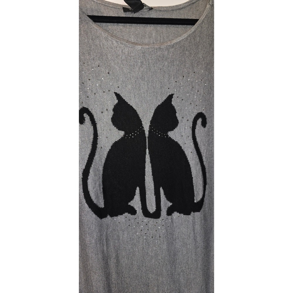 White House Black Market Grey Cat Rhinestone 3/4 Sleeve Sweater XL 570088111 - Picture 2 of 5